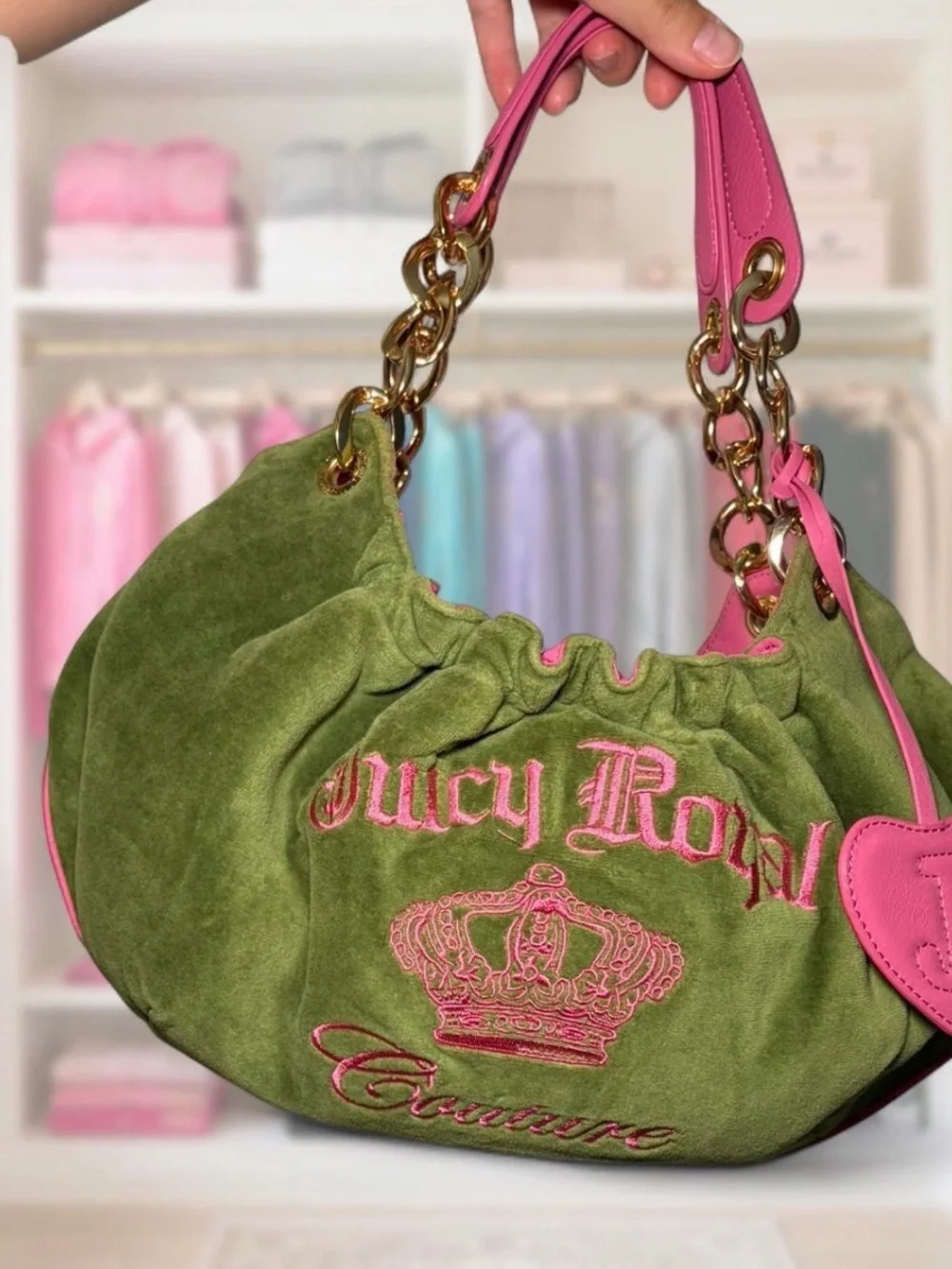 Juicy Couture Olive Green Suede Shoulder Bag with Pink Trim